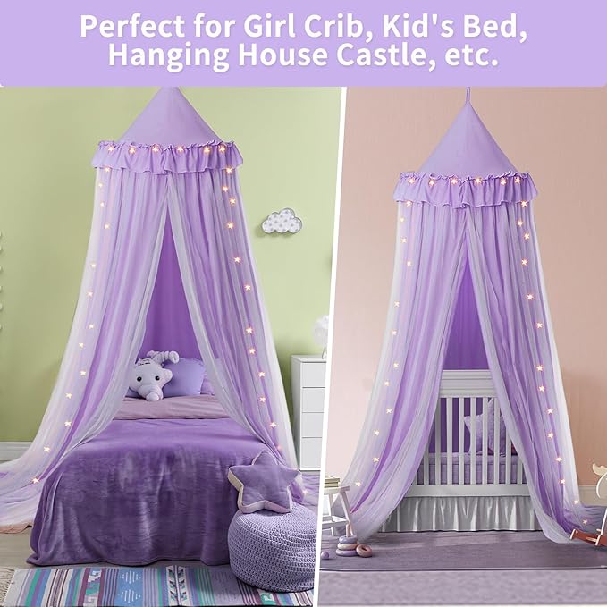 Bed Canopy with Star Lights, Double Layer Bed Canopy for Girls, Princess Canopy Bed Curtain for Twin Bed, Breathable Kids Dreamy Play Tent Castle Reading Nook, Machine Washable, 26''x125'' - Pruple
