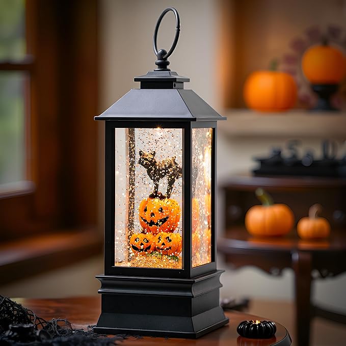 10'' Halloween Snow Globe Lantern Lighted Musical Water Lantern Spooky Pumpkin and Witch' s Black Cat Combo with Swirling Glitter, Battery Operated or USB Powered