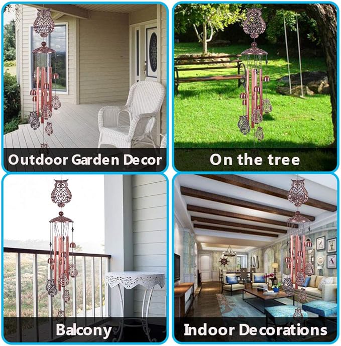 Owl Wind Chimes Outdoor Indoor Decor -with 4 Aluminum Tubes 6 Bells 7 Owls 37Inch Waterproof Mobile Romantic Wind Catcher Owl Windchimes for Home, Xmas Mom Gifts, Balcony, Festival, Garden Decoration