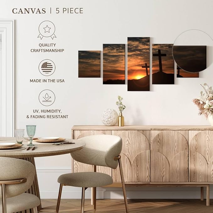 Elephant Stock Cross Silhouettes Wall Art Multi Piece Canvas - 5 Panel Christian Pictures Decor - Digital Design Canvas Print - Christian Wall Decor - 92" X 42"