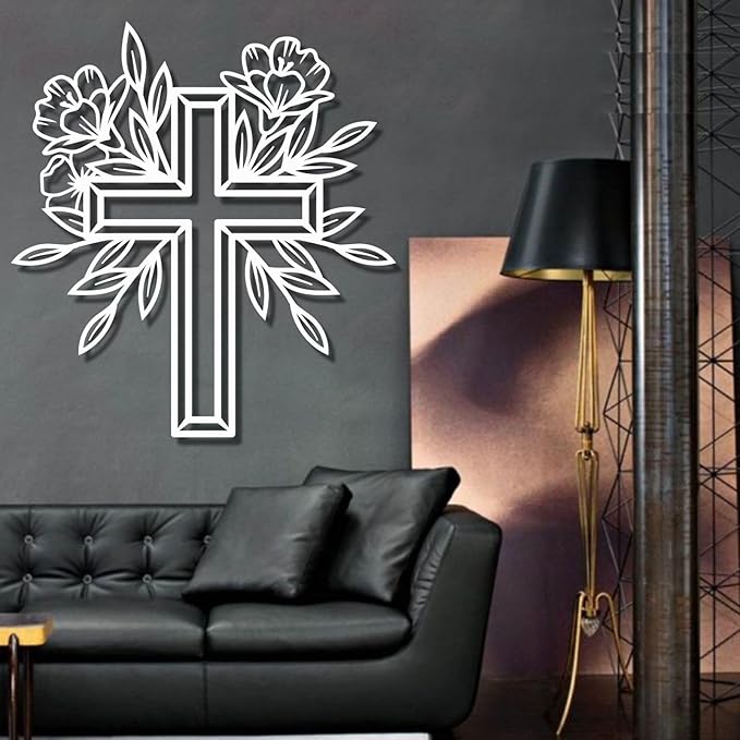 ENJOYOO Metal Cross Wall Decor, Religious Cross Decoration, Flower Metal Wall Art, Garden Wall Art Outdoor (Black, 19×17in/47×43cm, metal wall art)