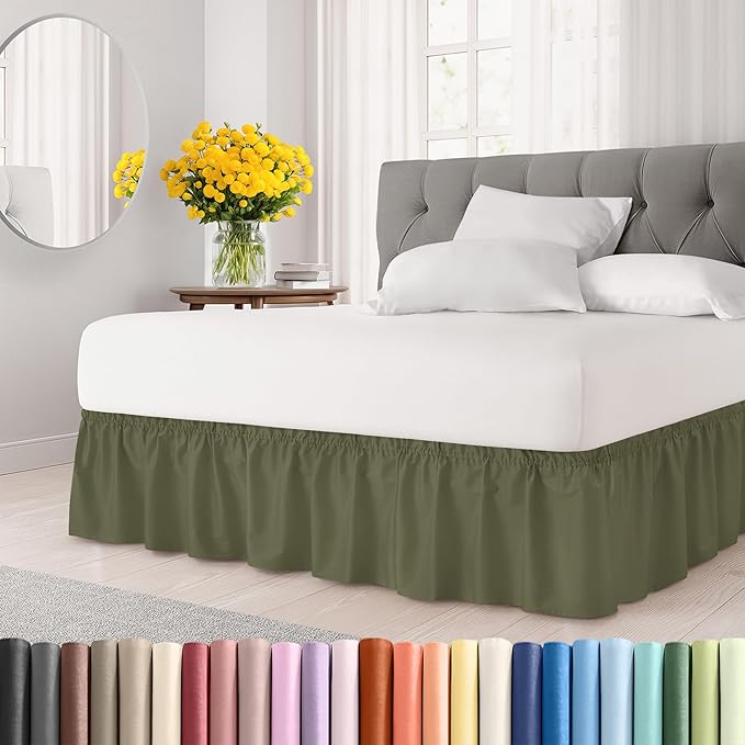 Wrap Around Dust Ruffle Bed Skirt - Sage Green - for King Size Beds with 15 Inch Drop - Elastic Strap - Adjustable Pleated Bedskirt with Brushed Fabric and Wrinkle Free - for Women, Men, Kids & Teens