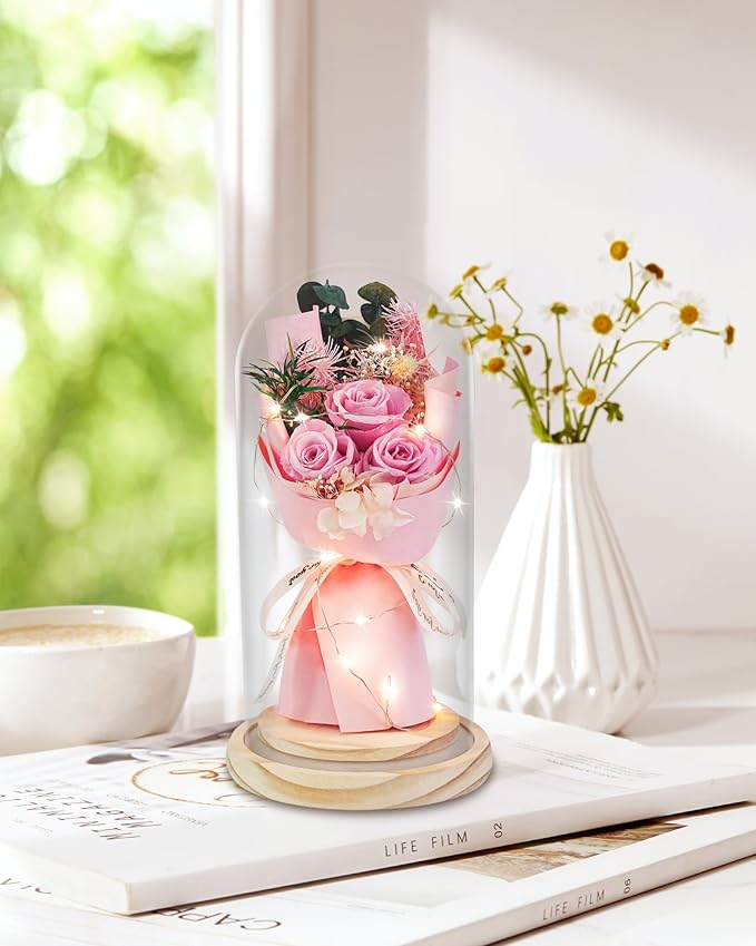 HVY Preserved Flowers Gifts for Her,Preserved Rose Bouquet in Glass Dome,Forever Flowers Fresh Bouquet Present for Women Mothers Day Birthday Gifts for Mom Wife Grandma,Pink Real Rose