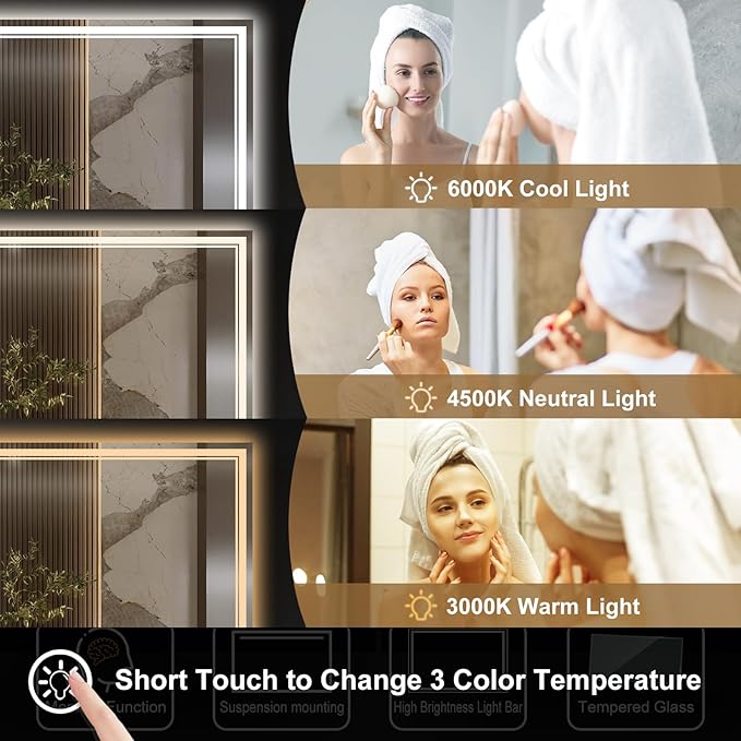 55x30 Inch LED Bathroom Mirror with Frontlit & Backlit（Independent Control）, Lighted Mirror for Bathroom Wall with 3-Color Dimmable & Anti-Fog, Vanity Mirror with Lights