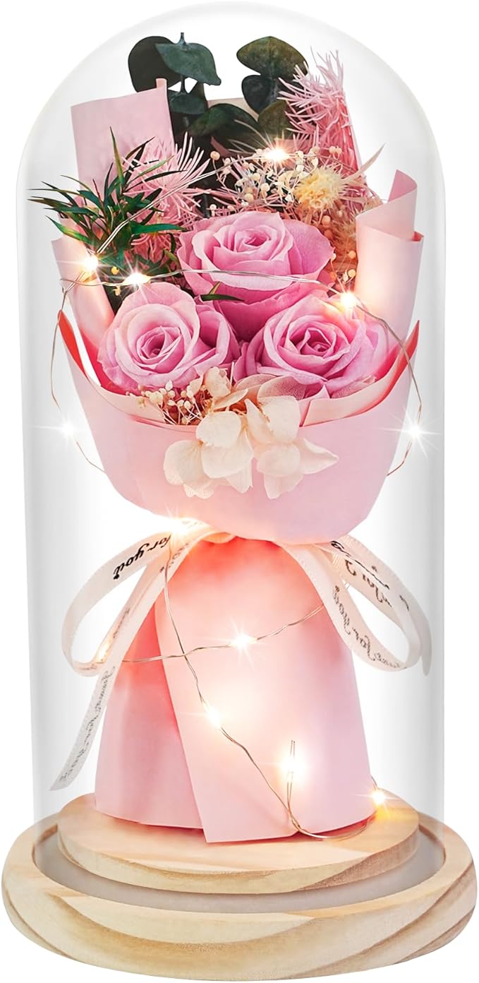 HVY Preserved Flowers Gifts for Her,Preserved Rose Bouquet in Glass Dome,Forever Flowers Fresh Bouquet Present for Women Mothers Day Birthday Gifts for Mom Wife Grandma,Pink Real Rose