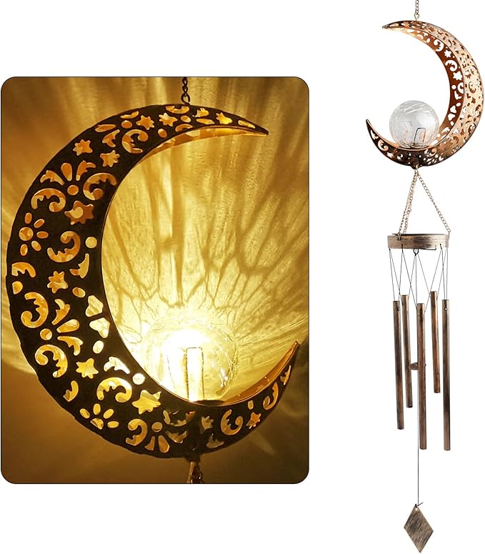 Moon Wind Chimes Solar Outdoor, Mother's Day Wind Chime Gift for Mom, Women, Grandma, Garden Courty ard Lawn Decor, Thanksgiving Gifts, Moon Gifts, Wind Chimes for Outside
