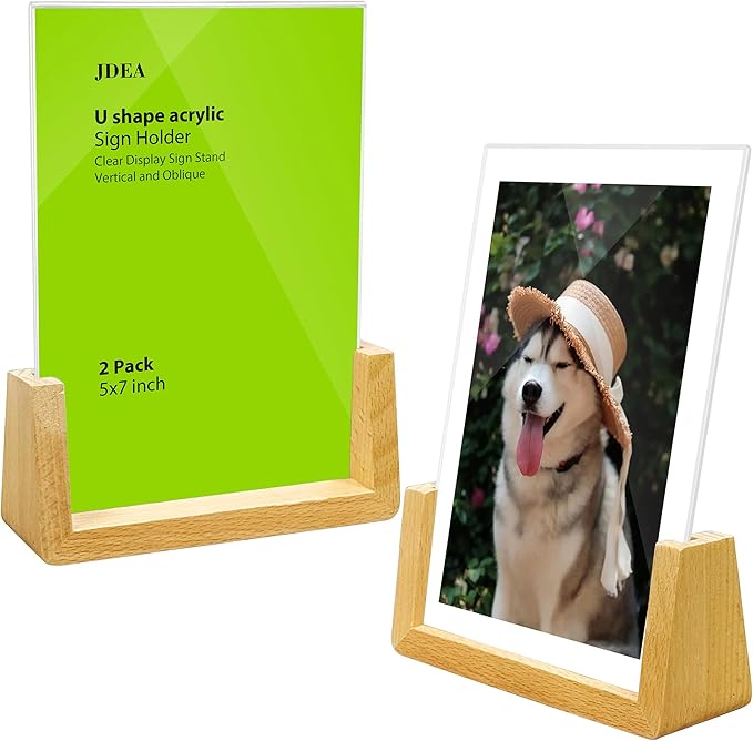 2 Pack 5x7 Inchs U-shaped Acrylic Sign Holder with Wood Base Menu Holder Flyer Holder Poster Stand Photo Stand (5*7)