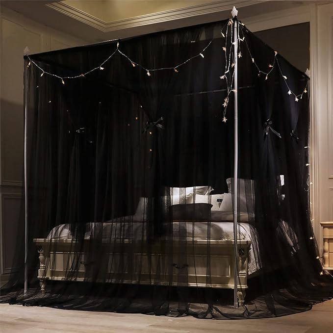 VETHIN 4 Corners Post Princess Bed Canopy Curtain Double Layer Cozy Drape Netting 4 Opening Mosquito Net for Girls & Adults Bedroom Decoration Accessories (Double Black, 78" W*86" L*82"*H/(King))