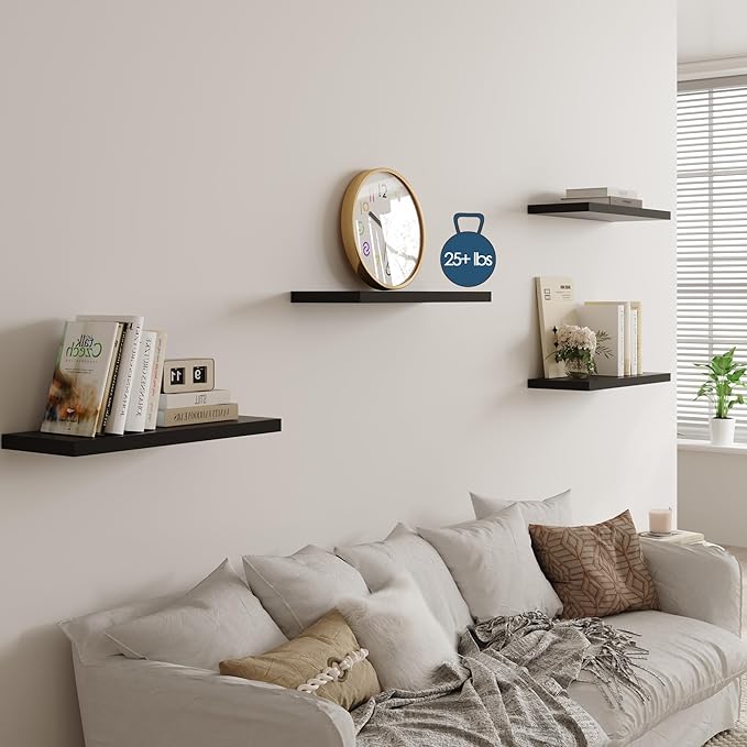 Wall Shelf Set of 2, Black Floating Shelves 24 in W x 10 in D x 1 in H, Wooden Floating Wall Shelf with Invisible Brackets for Living Room/Bedroom/Bathroom/Kitchen Storage and Decor