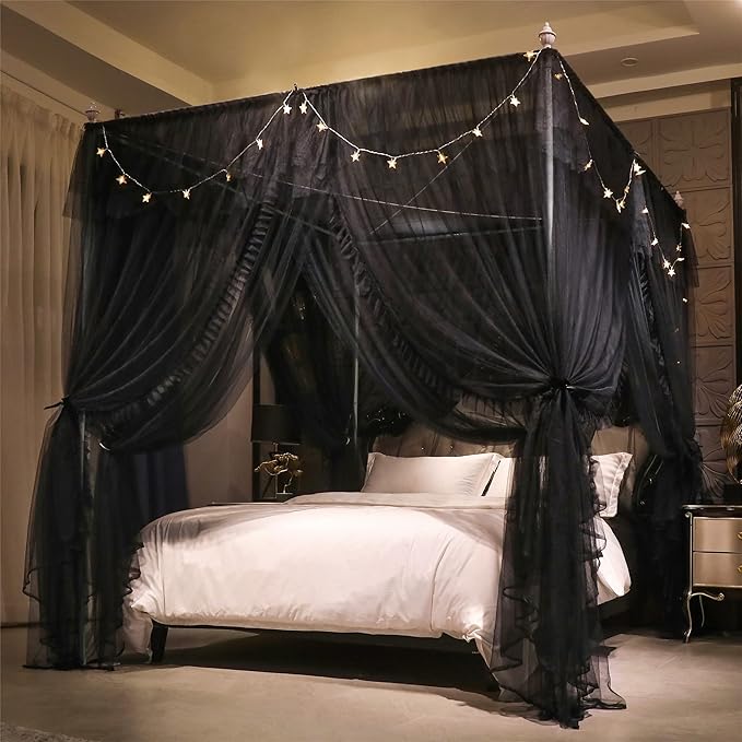VETHIN 4 Corners Post Ruffle Princess Bed Canopy Curtain-Double Layer Cozy Drape Netting 4 Opening Mosquito Net for Girls Adults Bedroom Decoration (Double-Black,47" W*78" L*82" H/Twin)