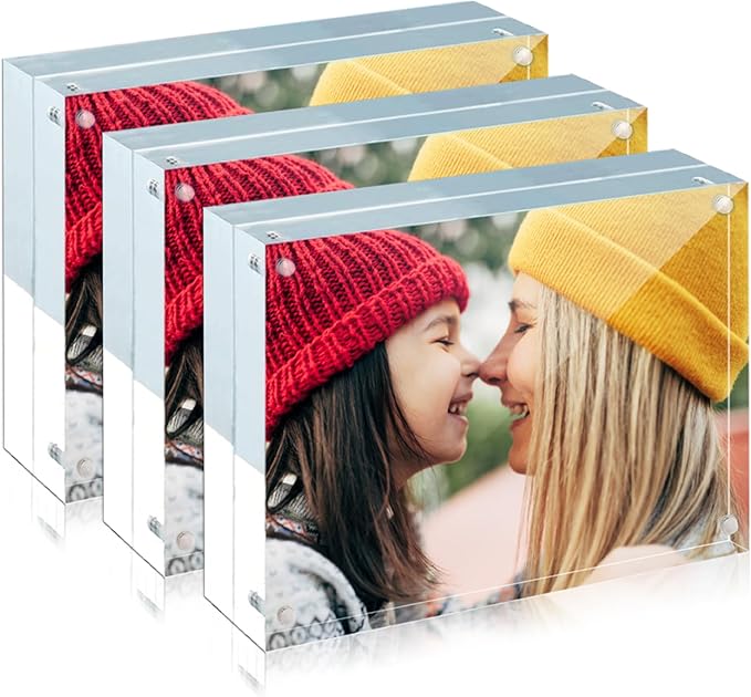 ILYXY 3 Pack Acrylic Frame 6x8, 20% Thicker, 24mm Thick Frameless Clear Picture Frame, Double Sided Magnetic Photo Frame, Free Standing Desktop Display Stand Acrylic Picture Frames