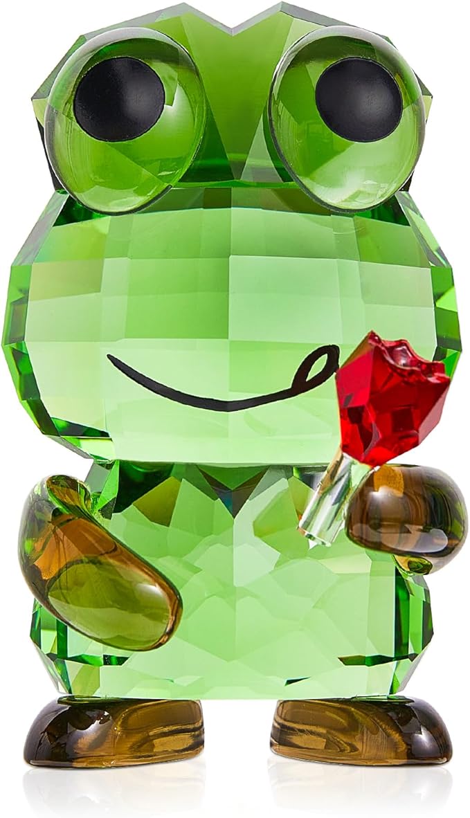 Crystal Frog Figurine with Red Rose - Art Glass Animals Desk Decor & Home Office Ornament, Handmade Glass Collectible Gifts