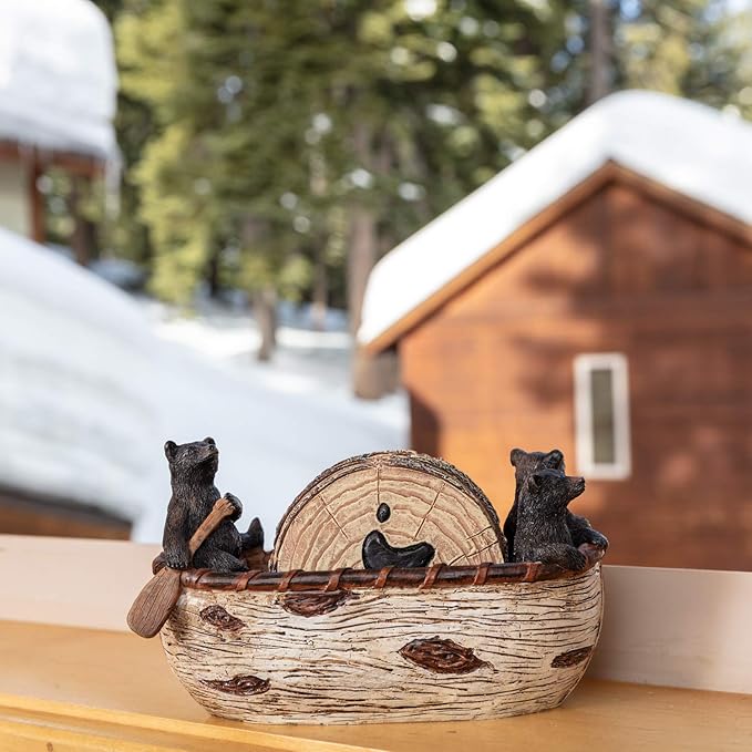 Bear Coasters Set of 6 Full Size Rustic Coasters in Handmade Canoe with Adorable Black Bear Figurines | Black Bear Log Cabin Decorations, Rustic Lodge Decor for The Home