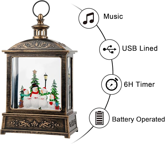 12.5'' Christmas Snow Globe Lantern Lighted Snowman Choir Musical Snowmen Carolers Water Lantern in Swirling Glittering Home Decoration and Gift, Battery Operated or USB Powered