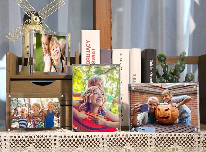 ILYXY 3 Pack Acrylic Frame 6x8, 20% Thicker, 24mm Thick Frameless Clear Picture Frame, Double Sided Magnetic Photo Frame, Free Standing Desktop Display Stand Acrylic Picture Frames