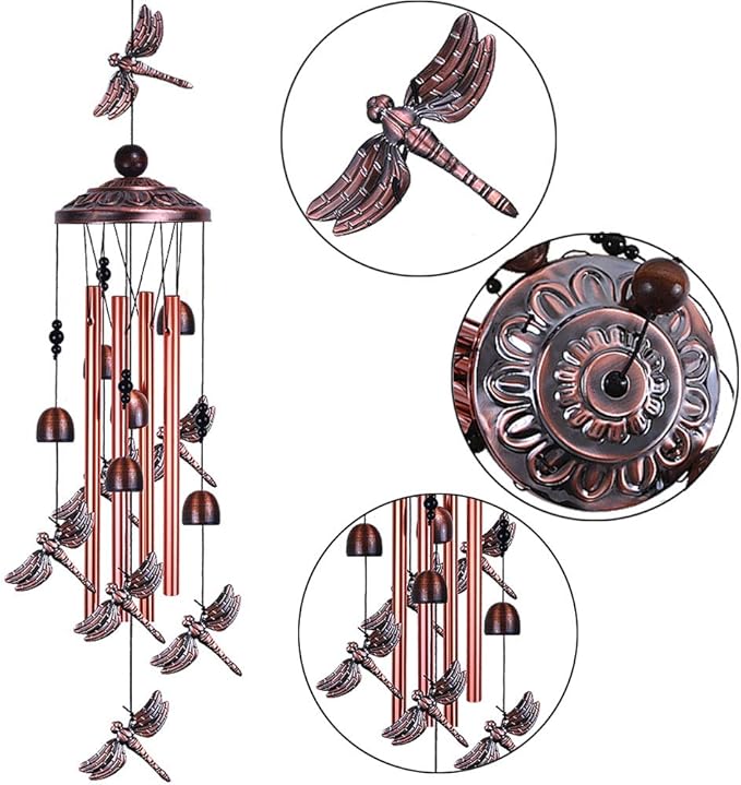 Dragonfly Wind Chimes Outdoor Decor - With 4 Tubes 6 Bells 7 Dragonflies 36" Waterproof Mobile Romantic Wind Catcher Dragonfly Windchimes for Home, Xmas Mom Gifts, Festival, Balcony, Garden Decoration