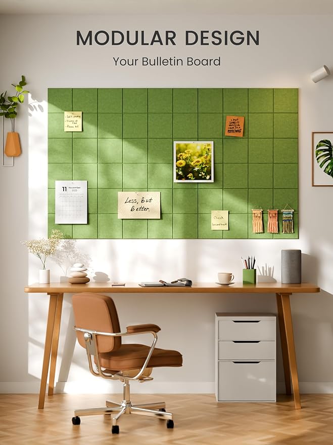 Bumusty Large Felt Bulletin Board, 48" x 36" Cork Board Alternative, 12-Pack Wall Tiles with 4-Compartment Design, 30 Push Pins, 70 Adhesive Tabs, Ideal for Office & Home Decor, Kelly Green
