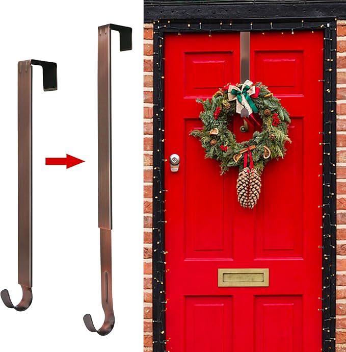 ZMCINER Wreath Hanger for Front Door, Adjustable Wreath Hanger from 15 to 25 Inches, 20 lbs Larger Door Upgrade Christmas Fall Wreaths Decorations Hook (Bronze)