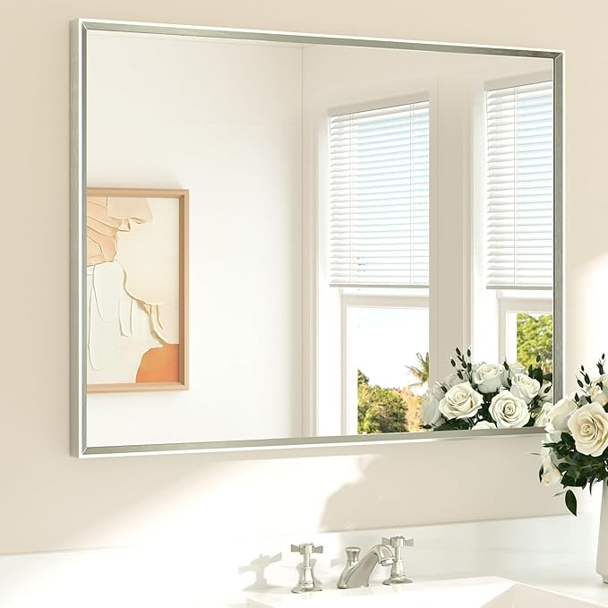 TETOTE Brushed Nickel Bathroom Mirror for Over Sink 40" x 30" Brushed Nickel Beveled Framed Rectangle Vanity Mirror for Bathroom, Bedroom, Entryway, Living Room, Tempered Glass, Stronger Frame