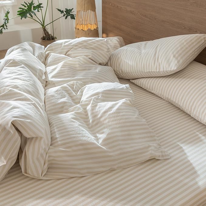 MooMee Striped Duvet Cover Set 100% Washed Cotton Linen Like Textured Breathable Durable Soft Comfy (Almond Milk Grey Classic Stripes, Palatial King/Oversized King 120"x98")