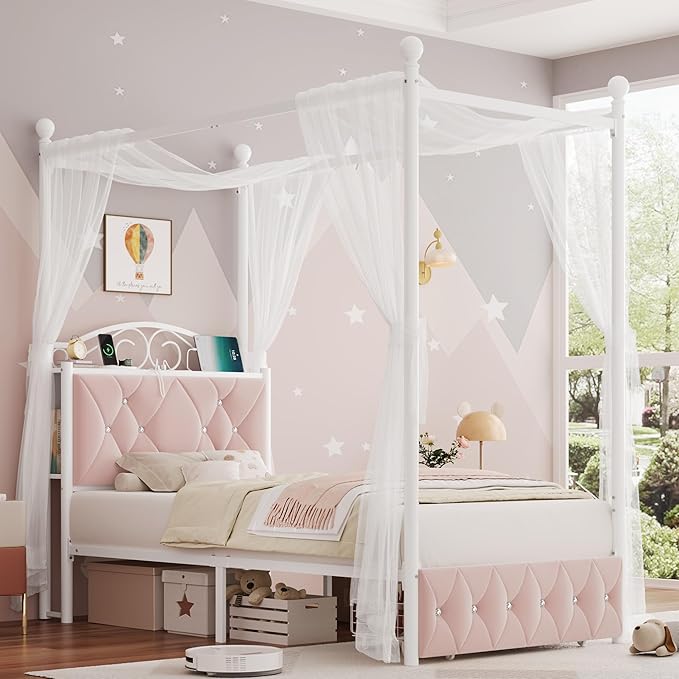 Twin Upholstered Canopy Bed Frame with Drawer & Crystal Tufted Storage Headboard Two-Purpose Metal Platform Bed with 4 Removable Posts & Charging Station Pink Princess Bed, Curtain Not Included