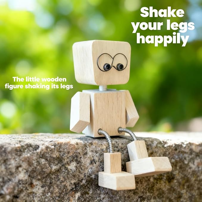 Shaking Wooden Man Figurine - Battery-Free Physics-Driven Rocking Decor with 12 Magnetic Expressions, Handcrafted Natural Wood for Car Dashboard, Office Desk, Home Shelf (Beech)