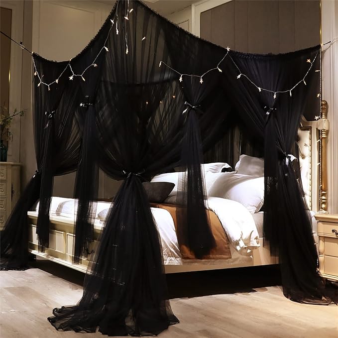 VETHIN 4 Corners Post Princess Bed Canopy Curtain Double Layer Cozy Drape Netting 4 Opening Mosquito Net for Girls & Adults Bedroom Decoration Accessories (Double Black, 78" W*86" L*82"*H/(King))