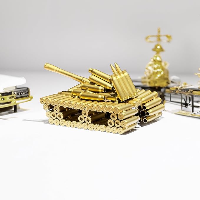 Bullet Shell Military Vehicle Sculptures - Handmade Tank, Airplane, Warship Metal Art Decor for Home, Office, Study Room for Men, Veterans (Tank Model)
