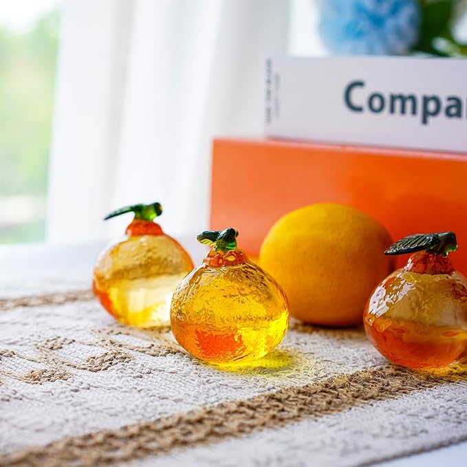 Glass Orange Figurine Crystal Fruit Collectibles Hand Blown Glass Fruits Tangerine Decoration Art Ornament for Home Office Kitchen Decor Gift for Women