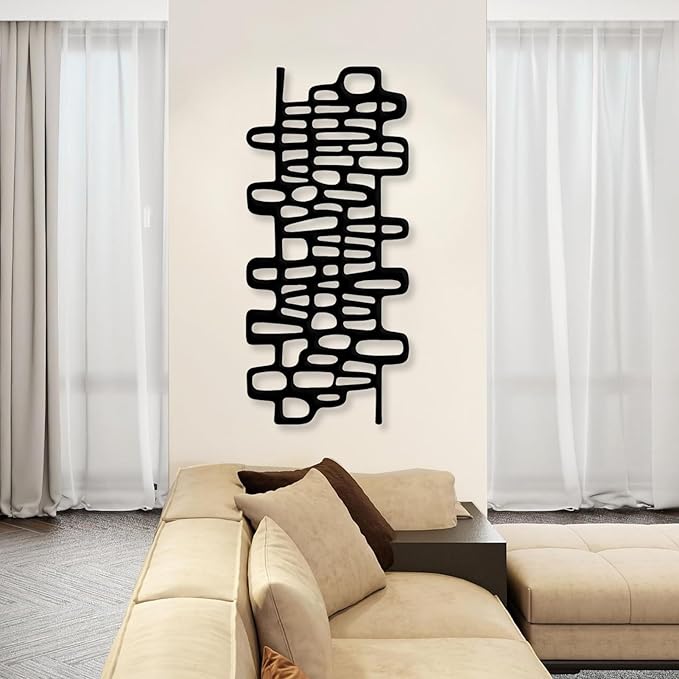 Cadeali Abstract Geometric Metal Wall Art, Modern Circles Metal Decor, Minimalist Line Art, Long Narrow Sign, Luxury Modern Artwork for Living Room, Farmhouse, Office (Black, 30"x14" | 76x35cm)