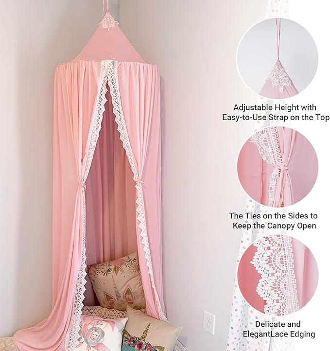 Princess Bed Canopy Mosquito Net for Kids Baby Crib, Round Dome Kids Indoor Outdoor Castle Play Tent Hanging House Decoration Reading Nook Cotton Canvas,Pink