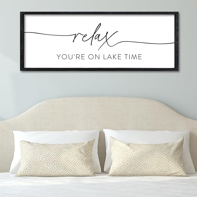 Surfapans Lake House Wall Decor Relax You're On Lake Time Sign 32"×12" for Bedroom Above Over Bed Lakeside Retreat Living Room Minimalist Large Wood Framed Horizontal Wall Hanging Art (Black)