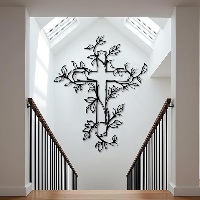 Hotuijxca Cross Metal Wall Art, Tree of Life Crosses Metal Wall Decor, Christianity Wall Art for Living Room, Bedroom(Black,31" x 25" / 80 x 64 cm)