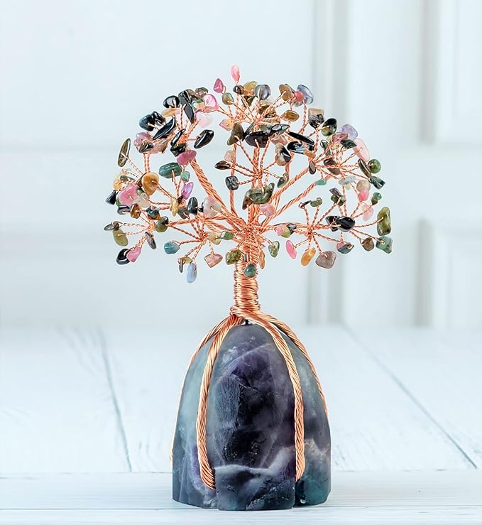 Multi Tourmaline Crystal Tree with Fluorite Rough Base Tree of Life Decor for Shelf, Bedroom, Birthday Gifts for Women, Sister Gifts, Birthday Gifts for Mom, Cute Home Decor Purple Decor Present