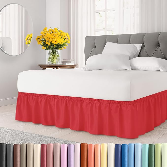 Wrap Around Dust Ruffle Bed Skirt - Red - for Queen Size Beds with 21 Inch Drop - Easy Fit Elastic Strap - Adjustable Pleated Bedskirt w/Brushed Fabric - Wrinkle Free - for Women, Men, Kids & Teens