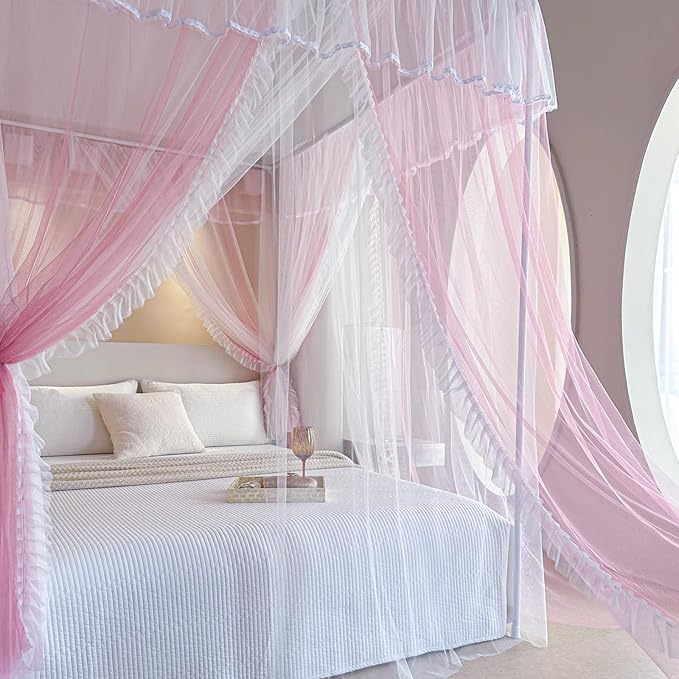 AIKASY 4 Corners Post Ruffle Princess Bed Canopy Curtain - Double Layer Cozy Drape Netting with 4 Openings - Elegant Mosquito Net for Girls and Adults Bedroom Decoration (Pink, Twin)