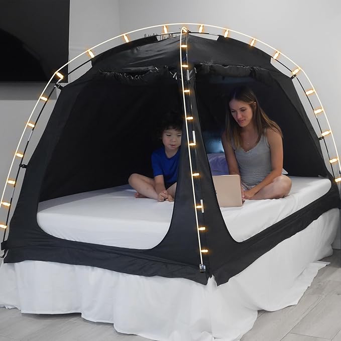 EighteenTek Bed Tent Twin Size Bed Canopy, Light Reducing Sleeping Tent Lightweight Portable Indoor Tent Breathable Privacy Space on Bed with 2 Doors for Adults Kids Autism (Twin, Black)