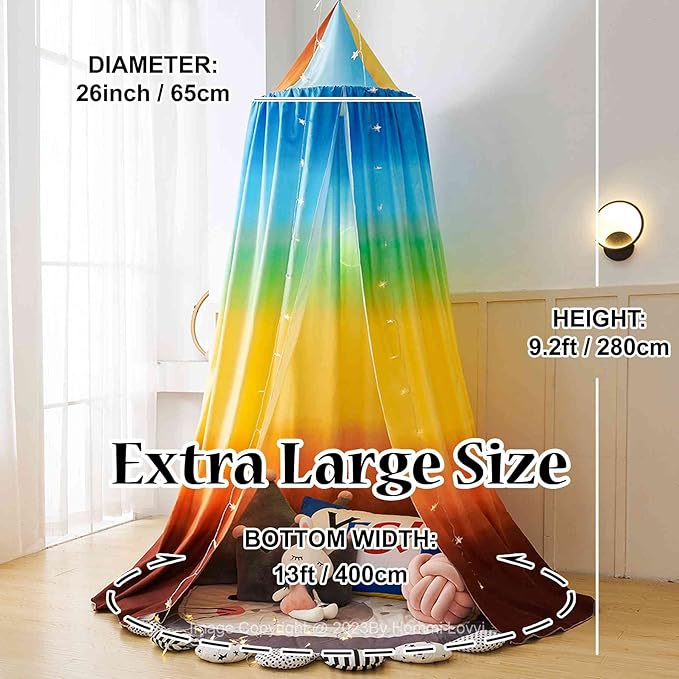 Rainbow Print Kids Bed Canopy, Girls Princess Canopy Dreamy Room Decor, Soft Hanging Reading Nook Play Tent Canopy, Extra Large Full Size with String Light