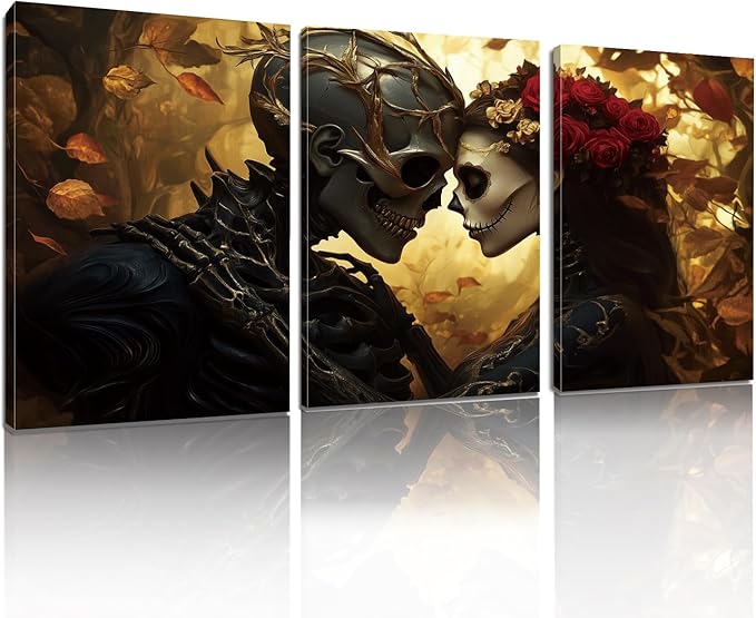 RUNBOAT Skull Pictures Wall Decor - Skull Canvas Wall Art, Skeleton Couple Poster Print, Gothic Painting Artwork, Skeleton and Roses Pictures for Living Room Bedroom (24" x 36" x 3 pcs)