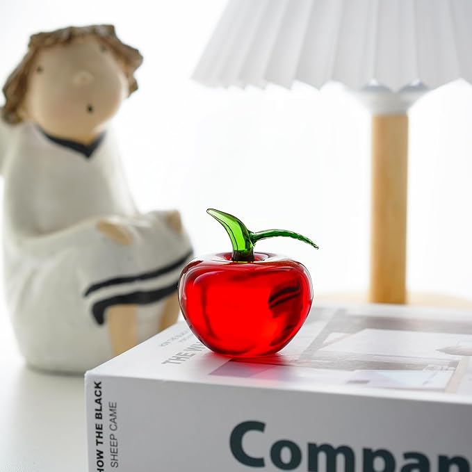 Hand Blown Glass Red Apple Figurine Crystal Fruits Collectibles Apples Art Ornament Decoration for Home Office Kitchen Gift for Women