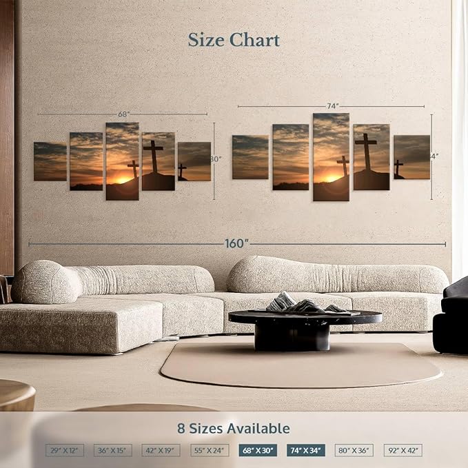 Elephant Stock Cross Silhouettes Wall Art Multi Piece Canvas - 5 Panel Christian Pictures Decor - Digital Design Canvas Print - Christian Wall Decor - 74" X 34"