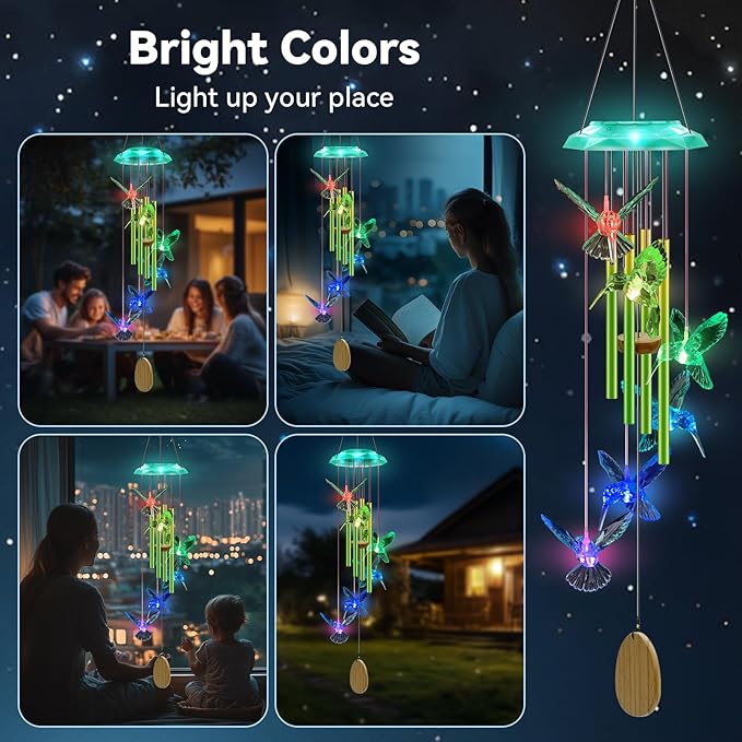 Wind Chimes,Hummingbird Solar Wind Chimes for Outside,Green Gradation Aluminum Tubes Deep Tone Memorial Wind Bell for Garden/Patio Mobiles Decorative Gifts for Mom, Wife, Grandma Neighbors(37" Long)