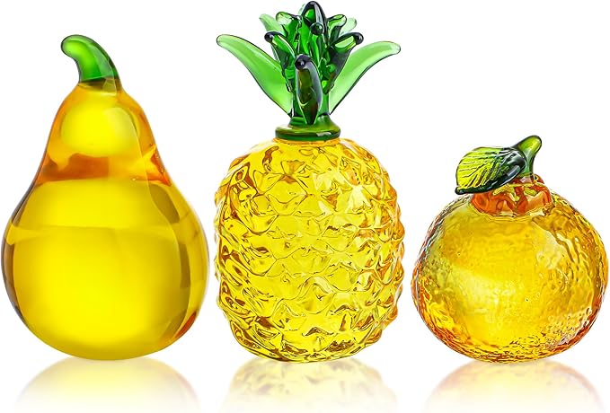 Set of 3 Glass Fruits Decor Pineapple Orange Pear Fruit Figurine Decorations as Collections for Home Wedding