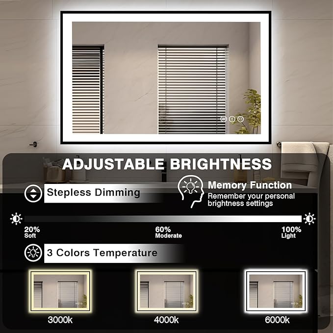 48x32 LED Bathroom Mirrors for Wall -Black Aluminum Framed (Front and Backlit), Anti-Fog Vanity Mirror With Lights,Stepless Dimmable Lighted Mirror,3 Colors Smart Mirror(Horizontal/Vertical)