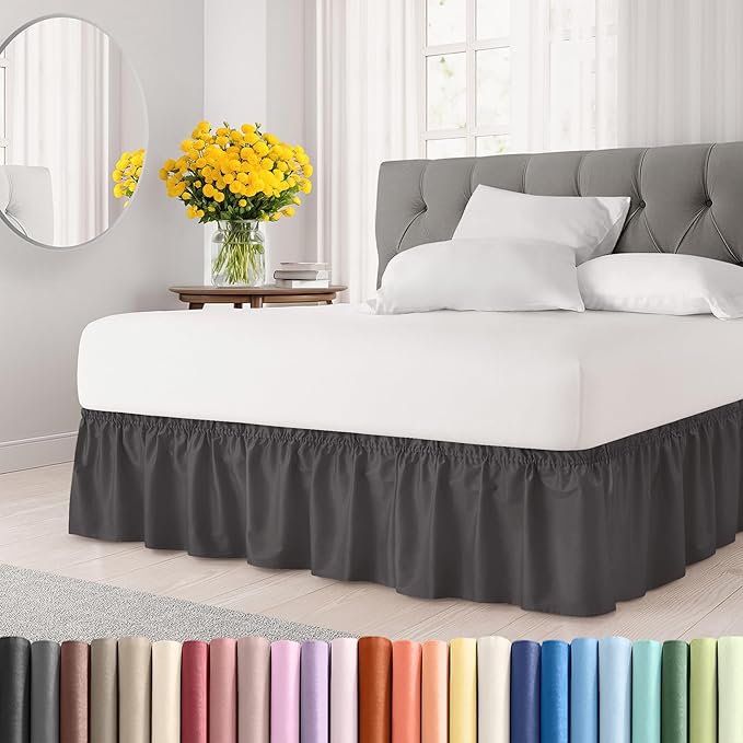 Wrap Around Dust Ruffle Bed Skirt - Dark Grey - Twin/Twin XL Size Beds with 21 Inch Drop - Elastic Strap - Adjustable Pleated Bedskirt with Brushed Fabric and Wrinkle Free - Women, Men, Kids & Teens