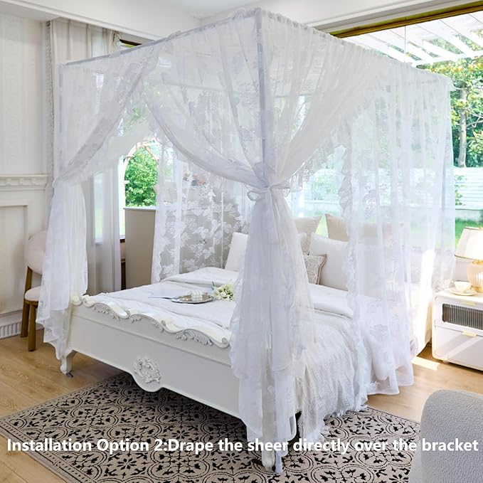 AIKASY Elegant Lace Princess 4-Poster Bed Canopy Mosquito Net - Romantic Wedding Bridal Bedroom Decor, Kids Room Bed Curtain for Women Adults - (White-4,Queen)