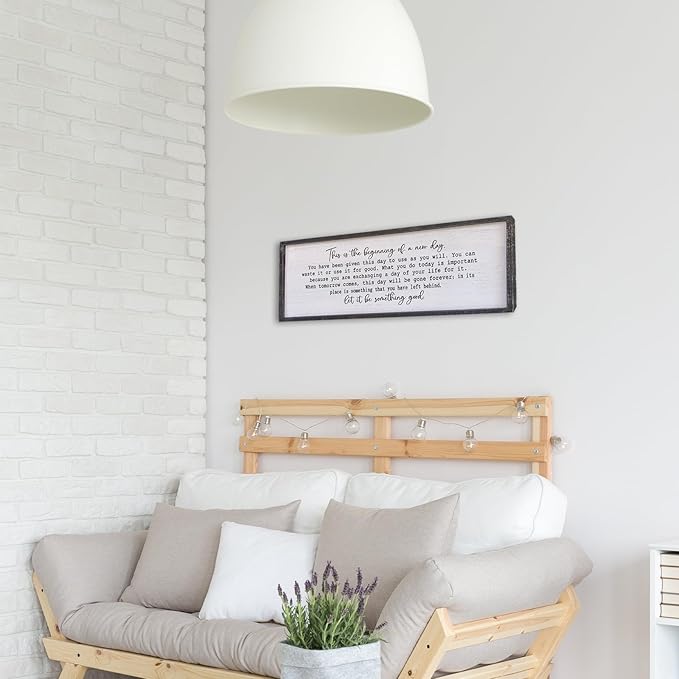 Surfapans This Is The Beginning Of A New Day Wall Decor 32"x12" Modren Large Farmhouse Living Room Inspirational Wood Framed Art Sign Office Home Inspiring Positive Quote Family Decoration (Black)