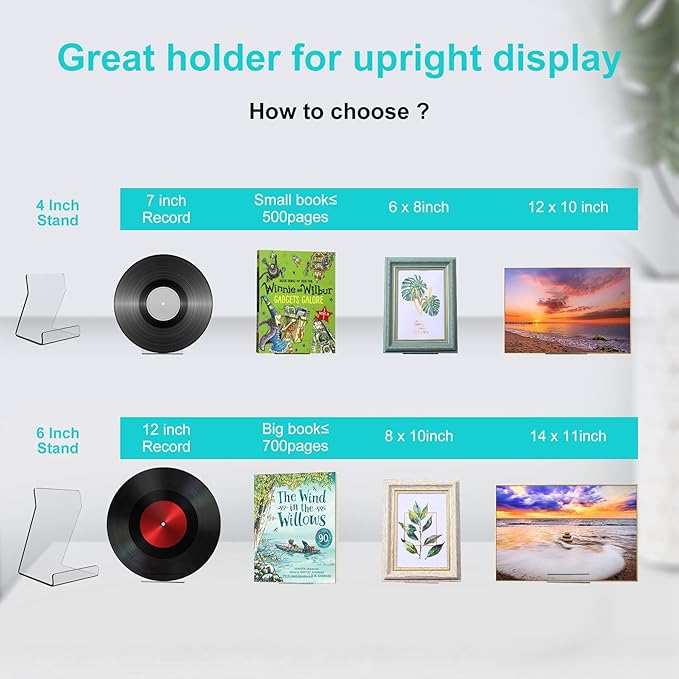 Boloyo Acylic Upright Display Stand, 6PC 4 Inch Clear Display Holder Easel Base Picture Frame for Home Office School Store to Display Book, Vinyl Record, Album, LP Cover, Artworks, CDs
