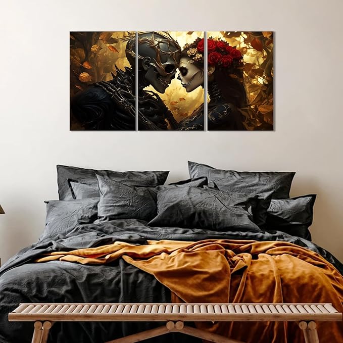 RUNBOAT Skull Pictures Wall Decor - Skull Canvas Wall Art, Skeleton Couple Poster Print, Gothic Painting Artwork, Skeleton and Roses Pictures for Living Room Bedroom (16" x 24" x 3 pcs)