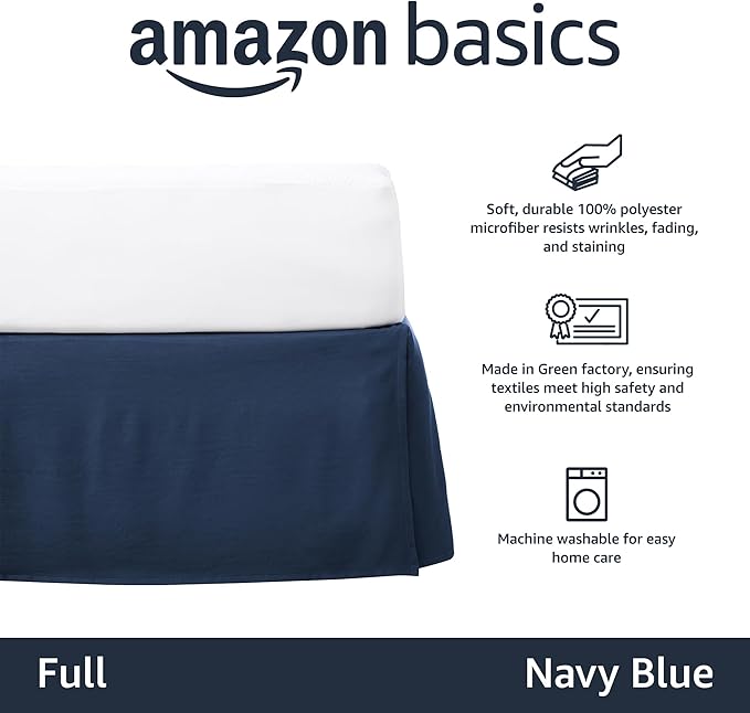 Amazon Basics Lightweight Pleated Bed Skirt, Full, Navy Blue, Solid